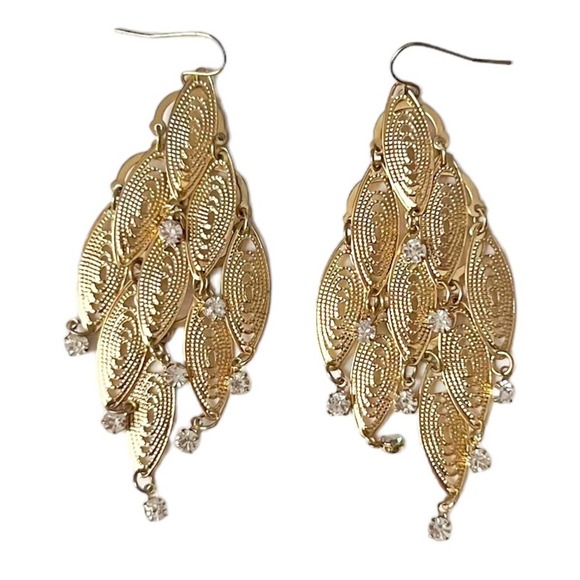 Gold Chandelier Earrings with Faux Diamond Gemstone Detail - Picture 1 of 4